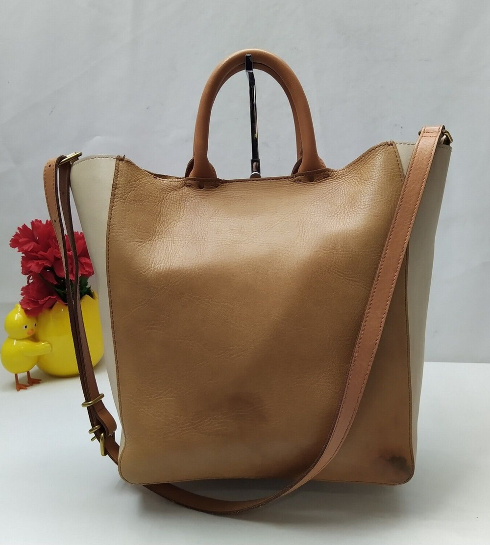Madewell Colorblock Brown Ivory Leather Double Handles Satchel Shoulder Bag